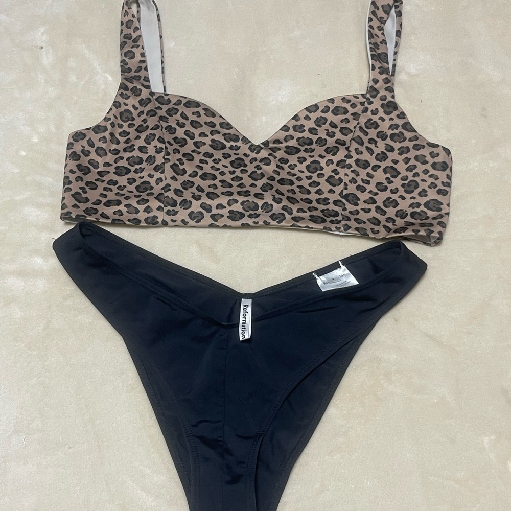 Reformation Leopard Print and Black Bikini
